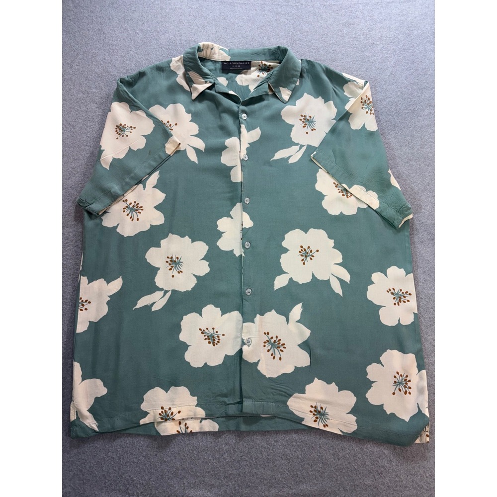 No Boundaries Mens XL Floral Button Down Shirt Teal Green Rayon Camp Collar